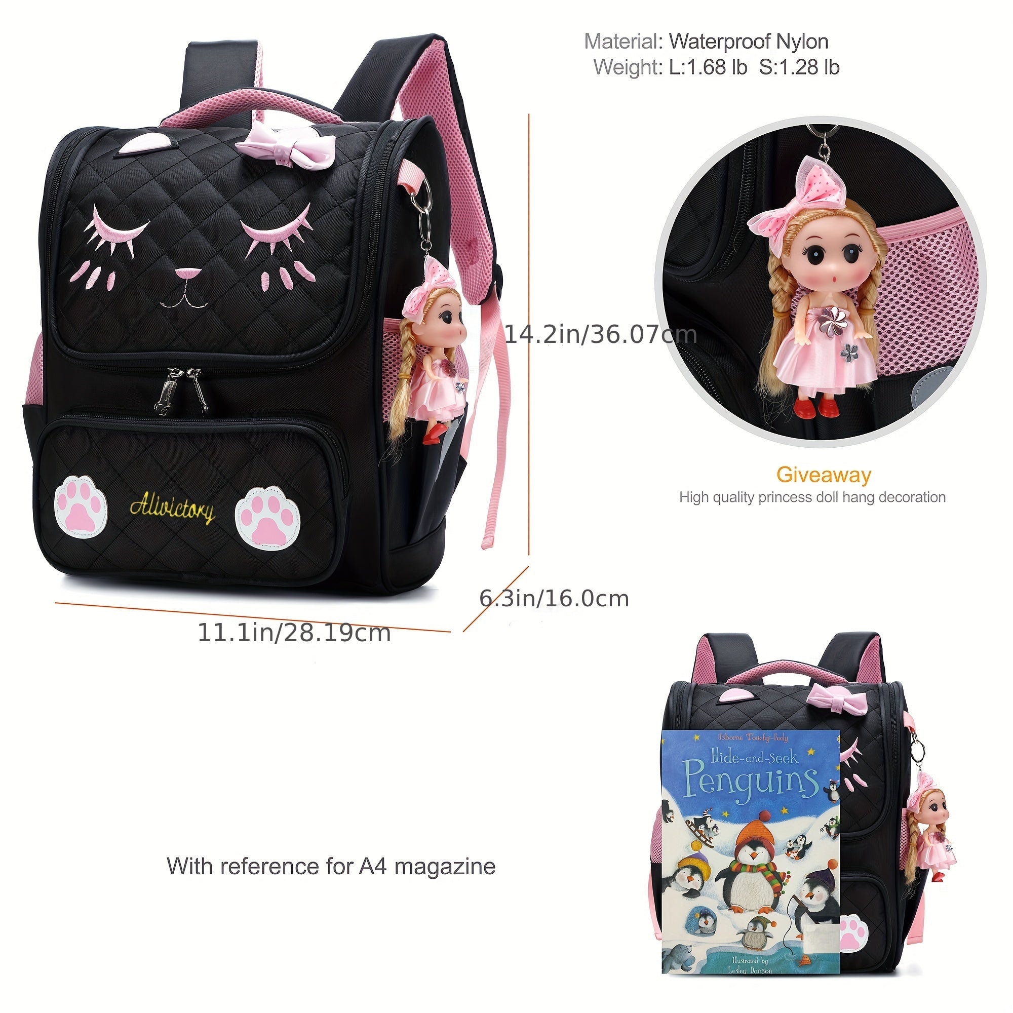 2pcs College Backpack with Lunch Bag Women's Backpack, Cute Backpack, Women's Bag, Cat Bag, Travel Backpack-Black