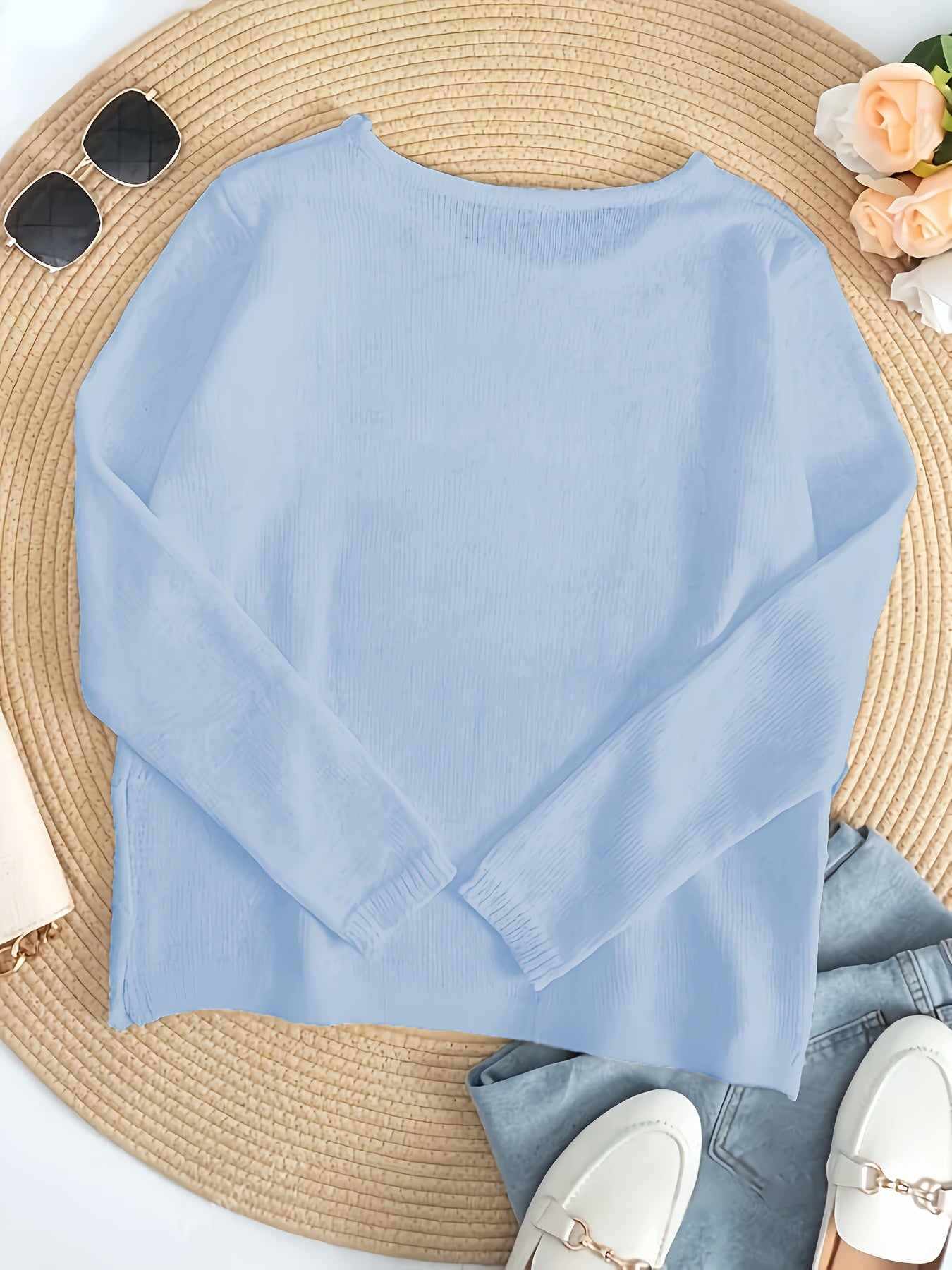 Women's Casual Crew Neck Pullover Sweater, 100% Polyester Knit Fabric, Solid Color, All-Season Comfort