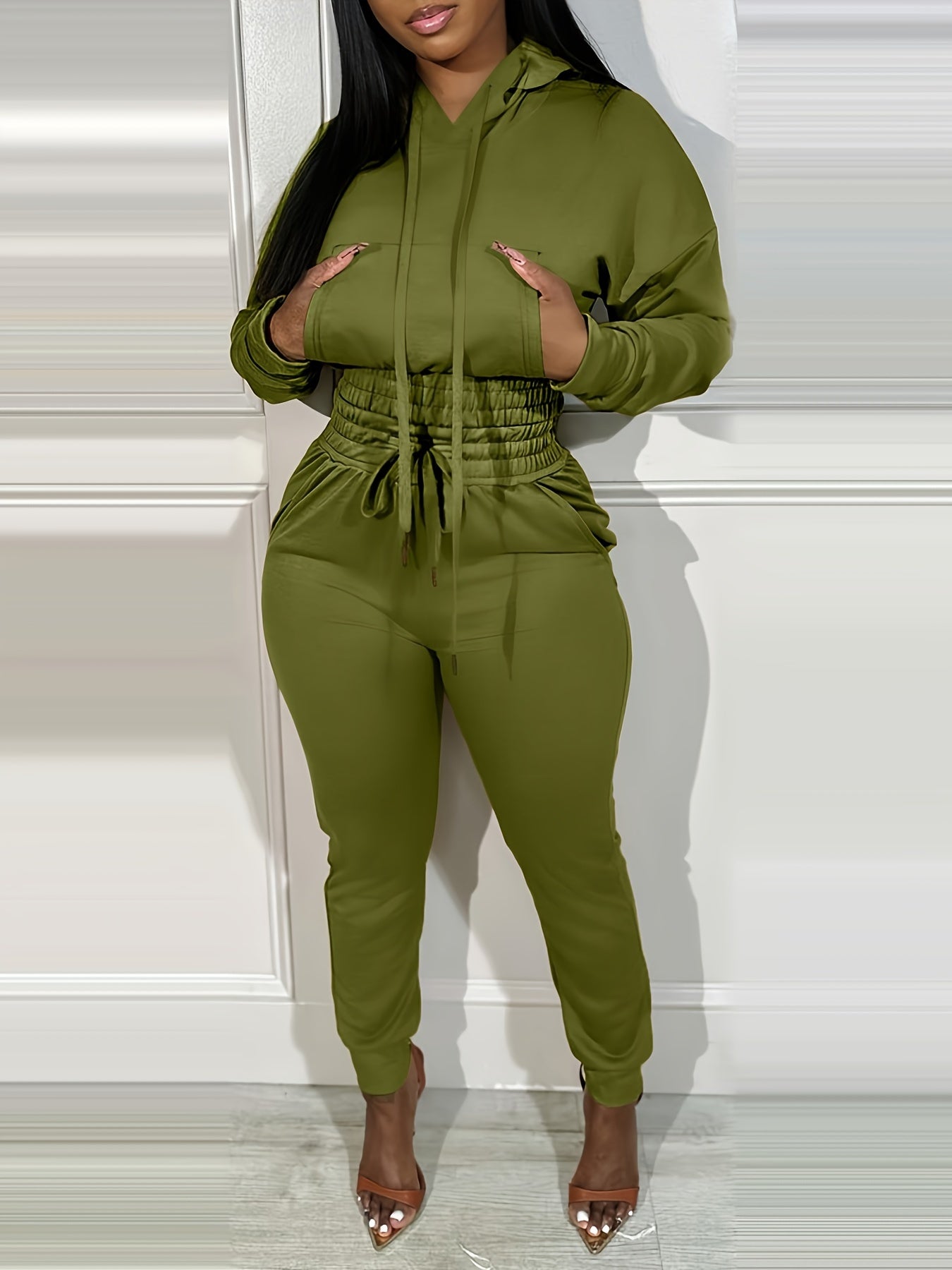 Two-piece Long Sleeve Kangaroo Pocket Drawstring Hoodie & High Waist Drawstring Jogger Pants, Casual Solid Color Women's Clothing Set