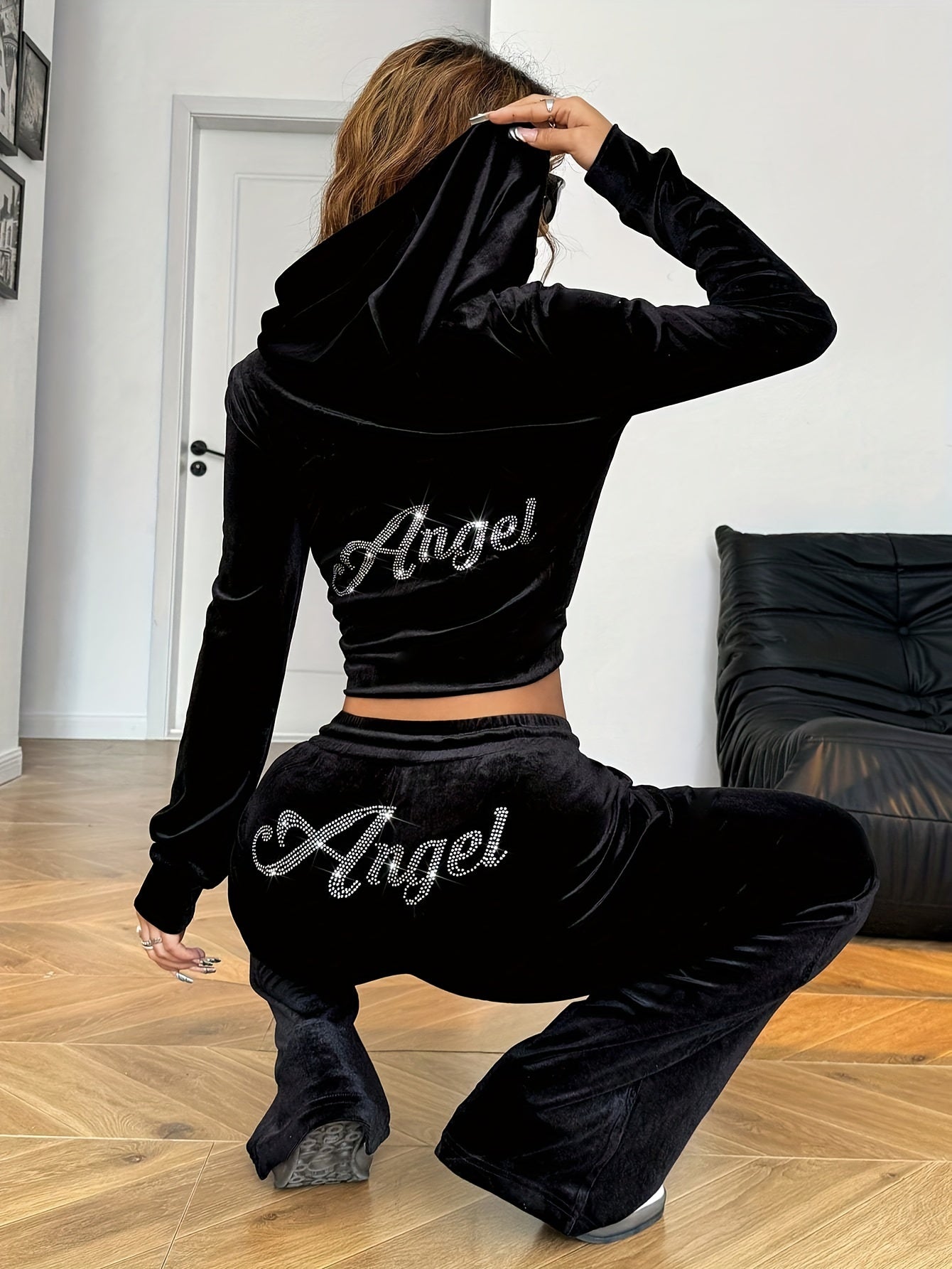 Spring/Summer Black Rhinestone Decorated Hooded Zipper Top and Pocket Pants Women's Casual Sports Suit