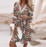 V-neck Printed Lace-Patchwork Bohemian-Style Casual Dress