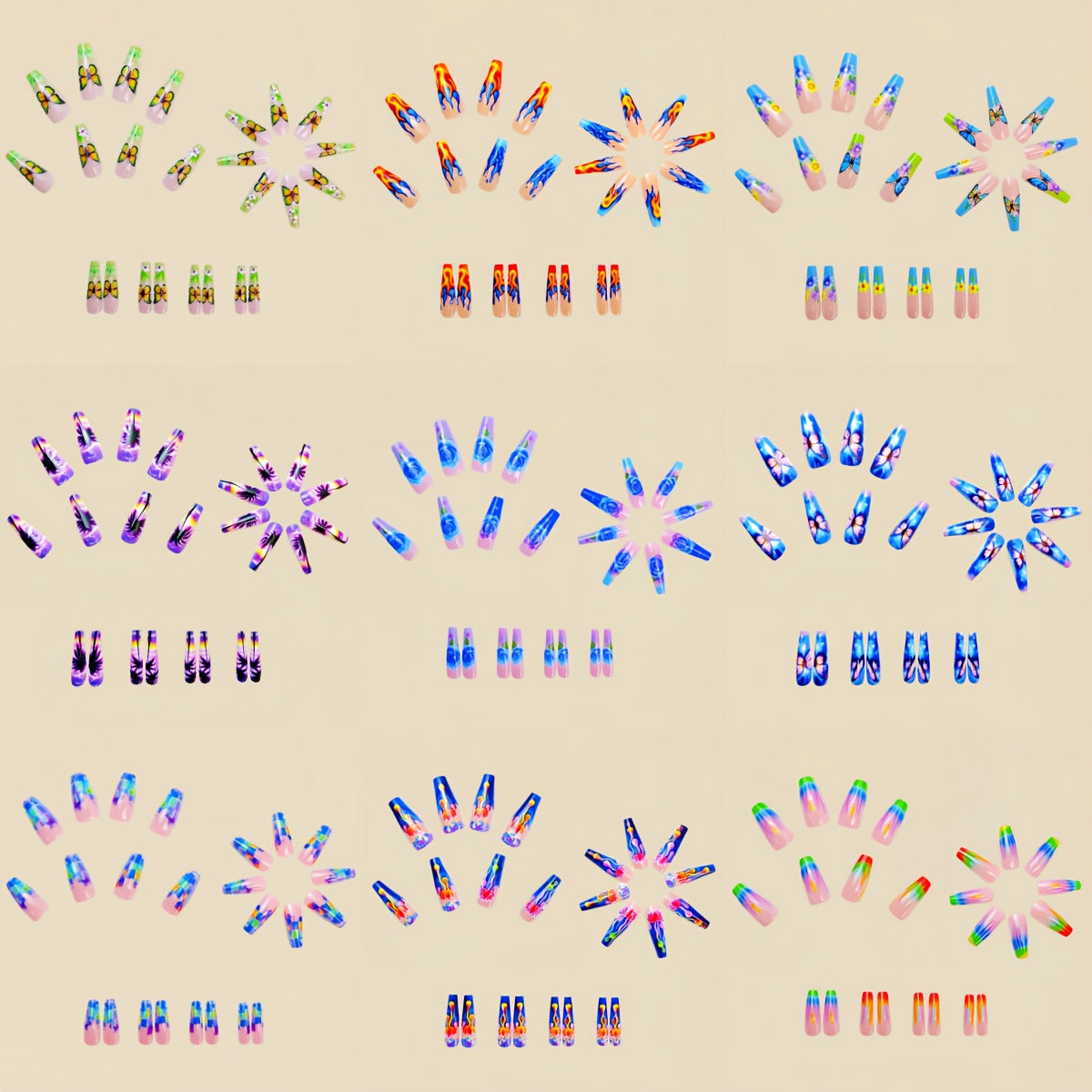 A Set of 216 Press-On Fake Nails, Featuring a Combination of Nail Art Stickers for The New Year. This Spring And Summer Collection Includes Floral And Butterfly Designs, with a Shiny, Colorful Mix of Removable Nail Stickers i