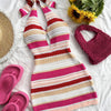 Women's Elegant Halter Neck Back-Tie Knit Dress - Multi-Color Striped Semi-Sheer Wrap Dress with Adjustable Straps & Lace Trim, Beach Vacation Resort Wear, Beach Dress