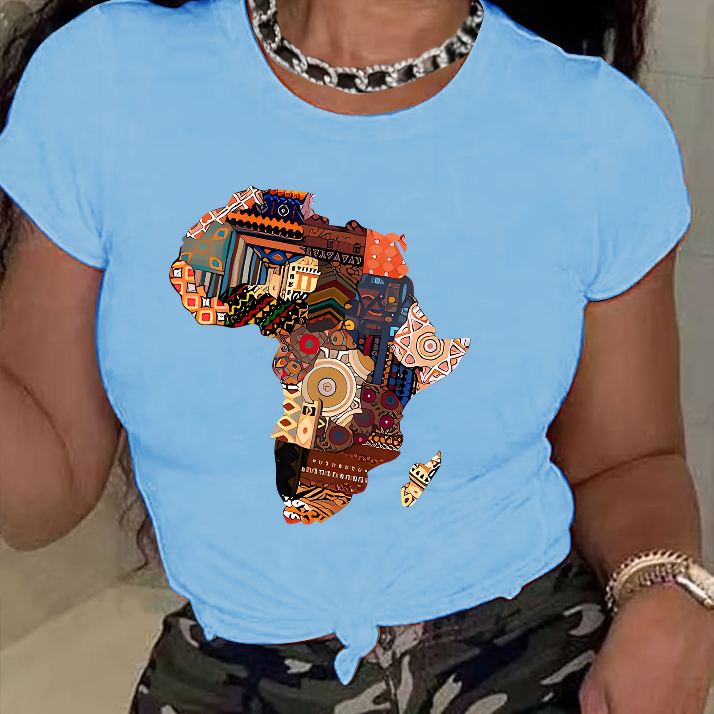 Women's African-Inspired Patchwork Print Casual Short Sleeve T-Shirt - Vibrant Red Round Neck Top with Cultural Motifs, Medium Stretch & Machine Washable for Spring/Summer, Casual Attire, Comfortable Fabric