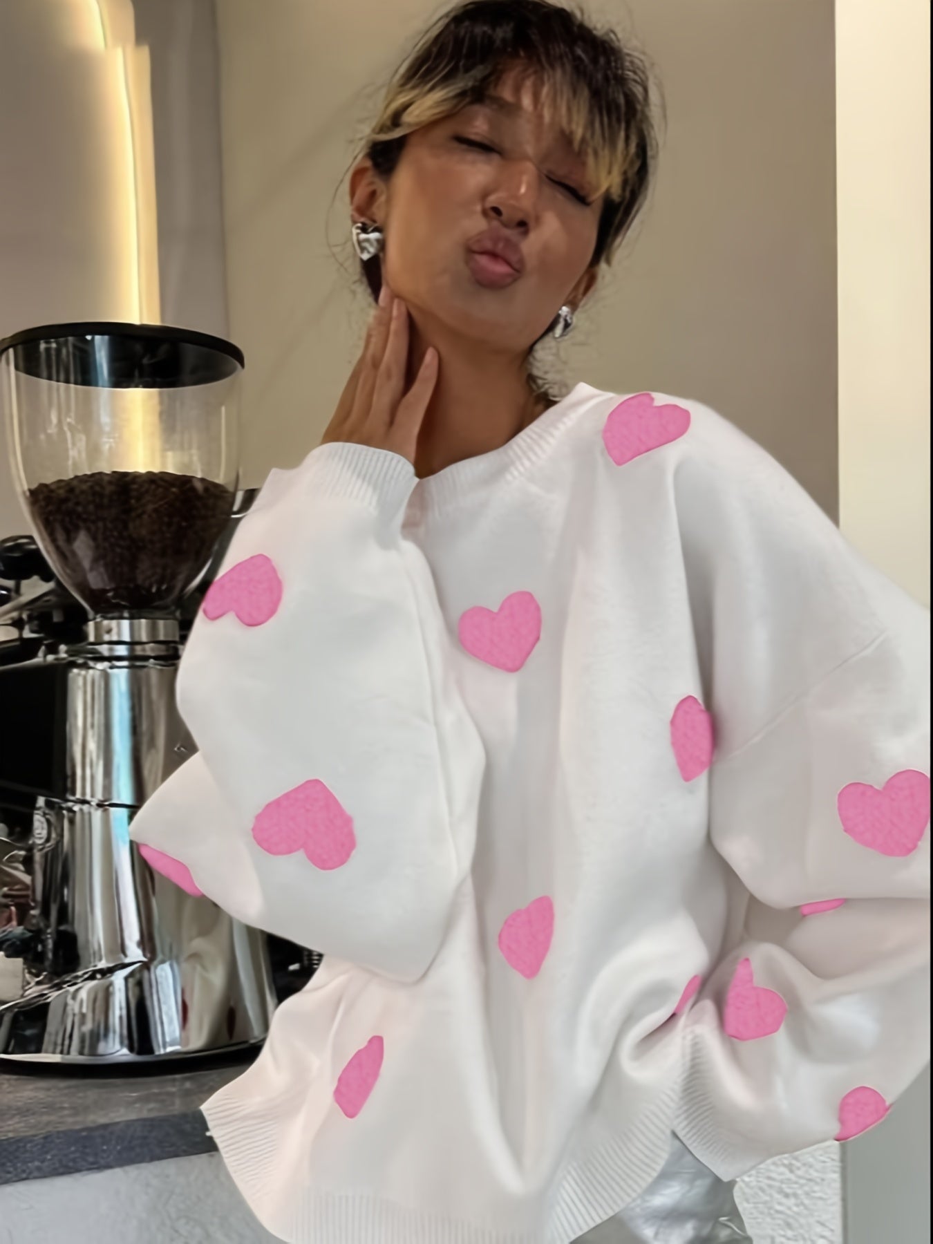 Valentine's Day Heart Pattern Sweater, Casual Long Sleeve Drop Shoulder Sweater, Women's Clothing