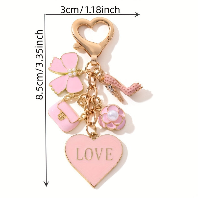 NXQXN Pink Mini Bag & Cosmetics Charm Keychain Ladies Key Ring - Metal Round Love Theme Keyring with Flowers & Heart Decor, Single Individual Piece, Wedding Festival Special, Ring Buckle Decorative Bag Pendant Gift