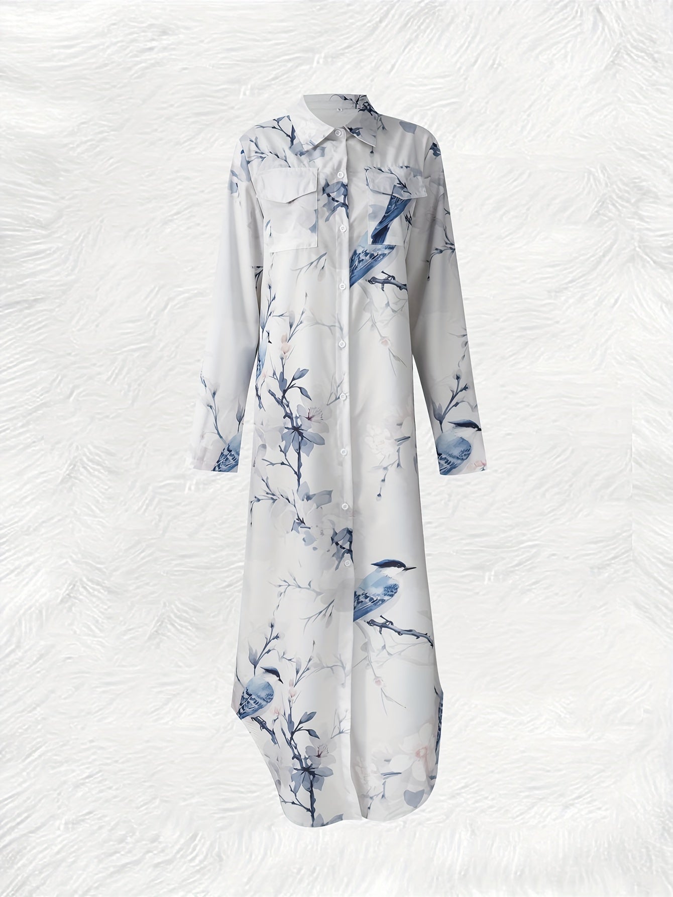 Women'S Floral Print Long Sleeve Maxi Dress with Lapel Collar and Side Pocket, Polyester Vacation Shirt Dress, Animal Pattern, Woven Fabric, for Spring/Fall