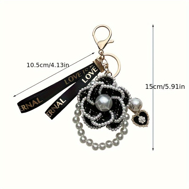 Pearl Element Handmade Fabric Camellia Women's Car Fans Keychain, Bag Charms, Handbag Charms