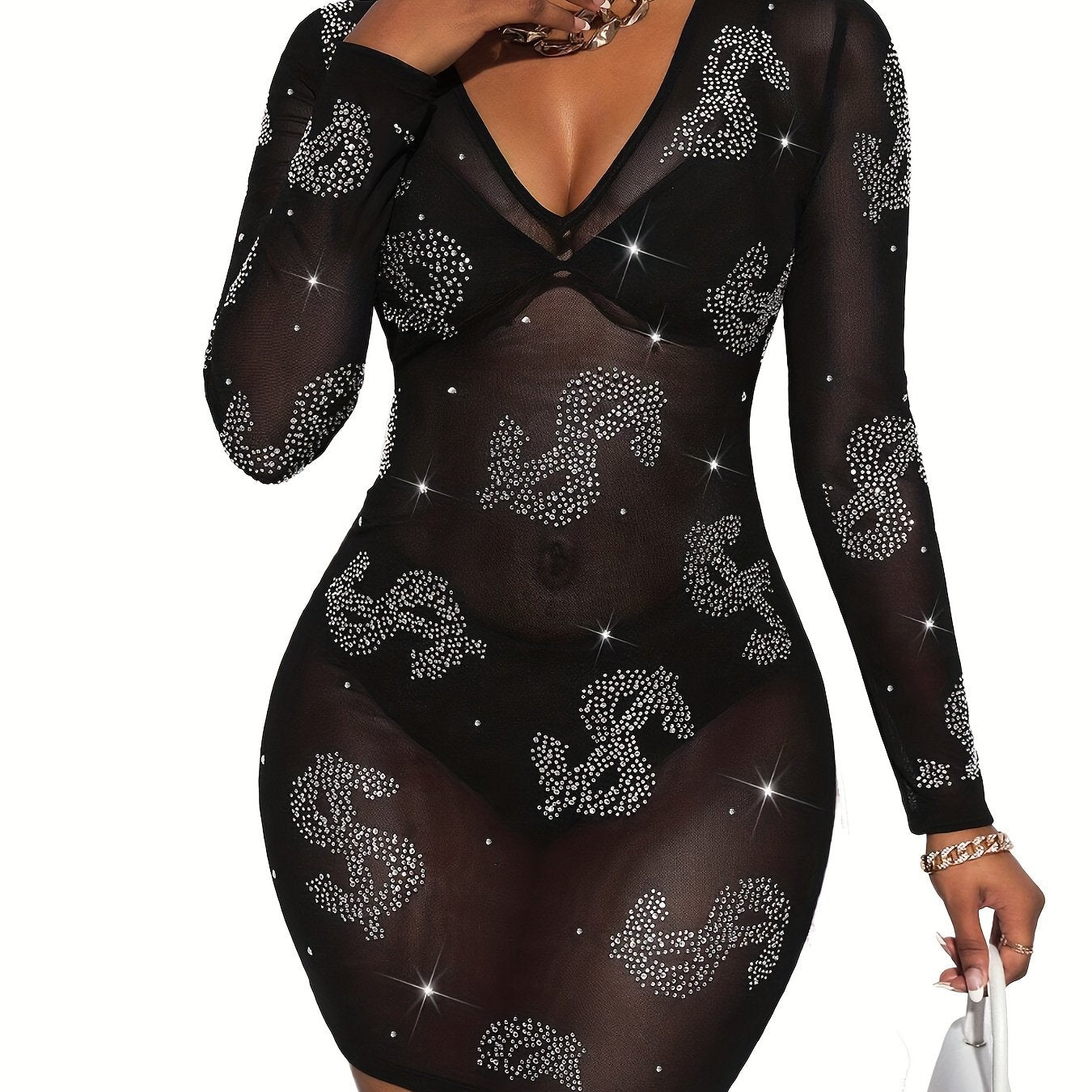 [Sexy Rhinestone Bodycon Dress] Rhinestone Mesh Bodycon Dress - No Bra Set, Sexy Dollar Pattern