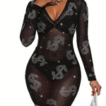 [Sexy Rhinestone Bodycon Dress] Rhinestone Mesh Bodycon Dress - No Bra Set, Sexy Dollar Pattern