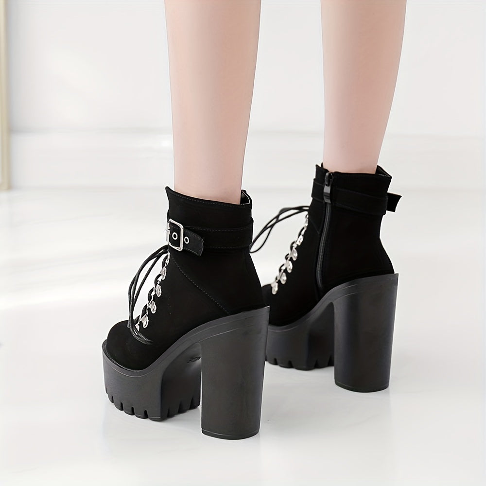 Black Women's Platform High Heels Ankle Boots, Round Toe Lace Up Ankle Buckle Strap Fashion Party Motorcycle Short Pumps