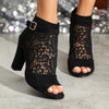 Elegant Women's Black Floral Mesh Peep-Toe Shoes with Chunky Heel and Back Zipper - Versatile All-Season Ankle Booties