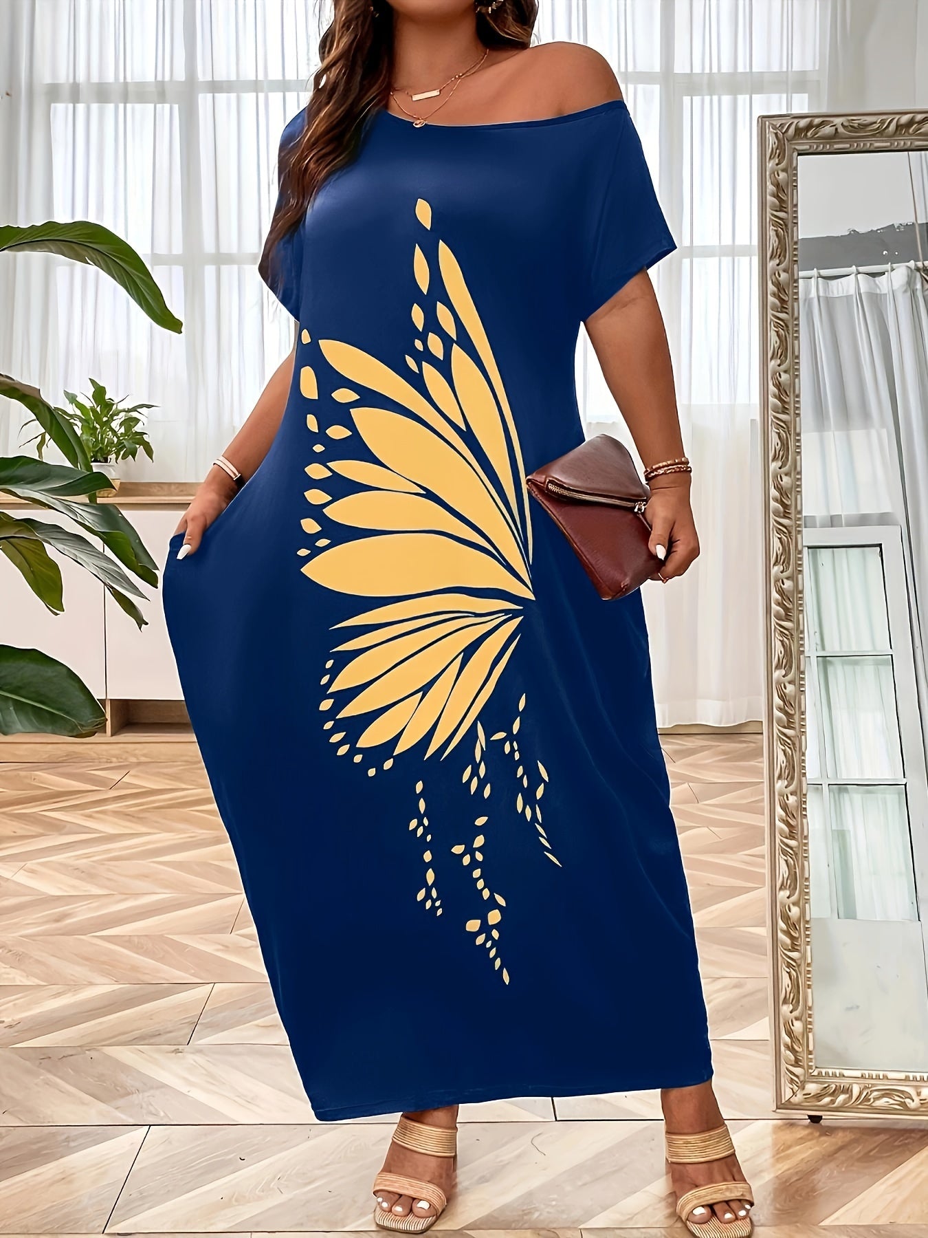 Chic Off-Shoulder Butterfly Print Maxi Dress for Women - Casual & Elegant, 100% Polyester, Machine Washable, Summer-Ready with Short Sleeves & Pockets