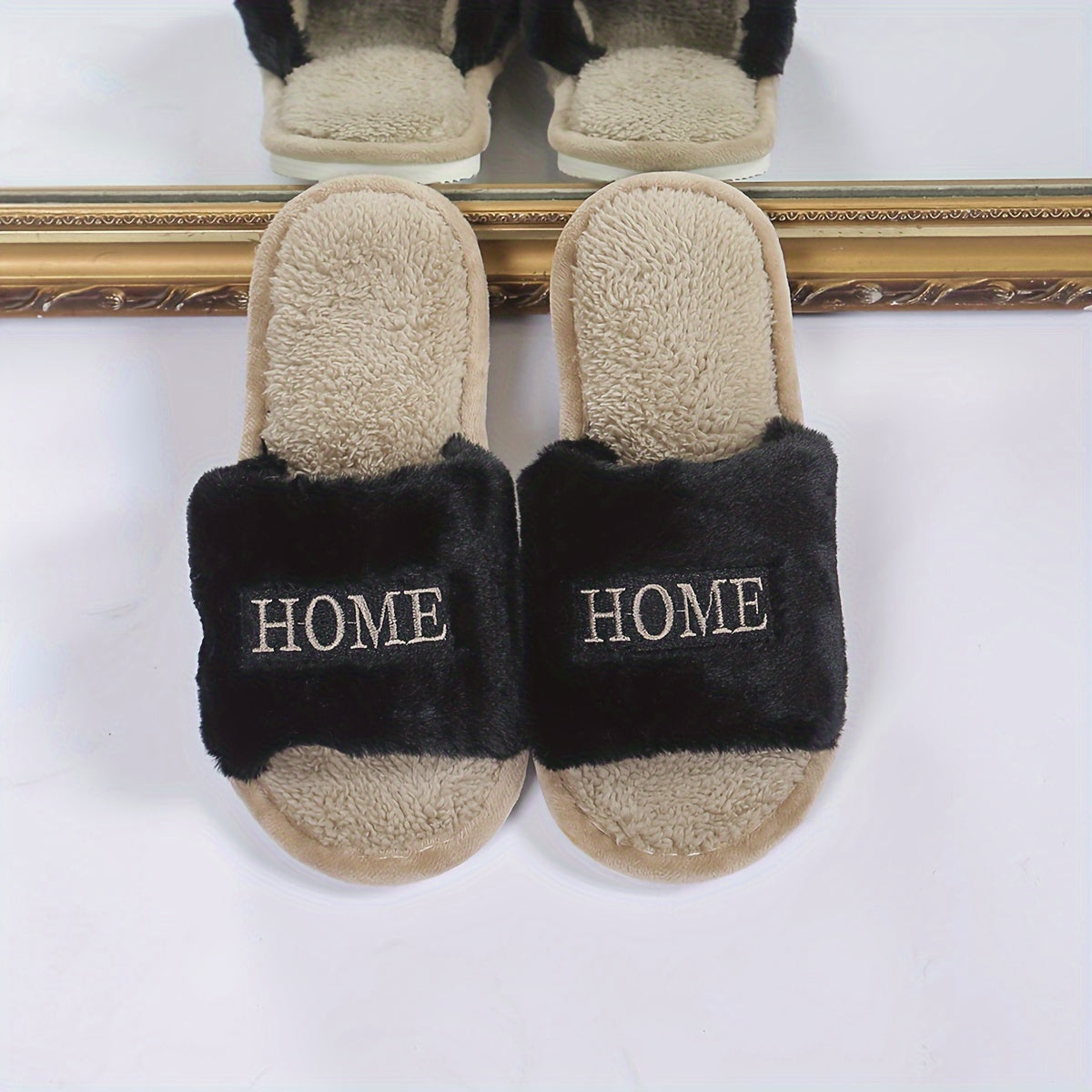 Women's Cozy Plush Home Slippers, White with "HOME" Embroidery, Soft Faux Furry Indoor Footwear, Comfortable All-Season Slip-Ons