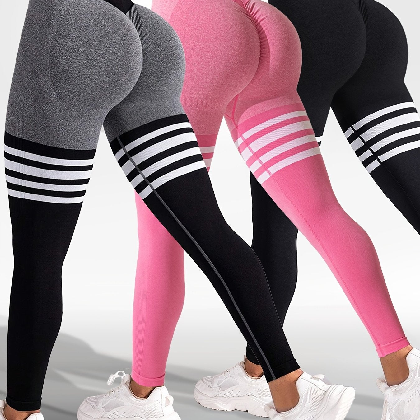 3-Pack Women'S Seamless High Elasticity Sports Yoga Tights, Sports Tights with Compressive Fit and Fashionable Color-Block Stripes, for Exercise and Gym Use