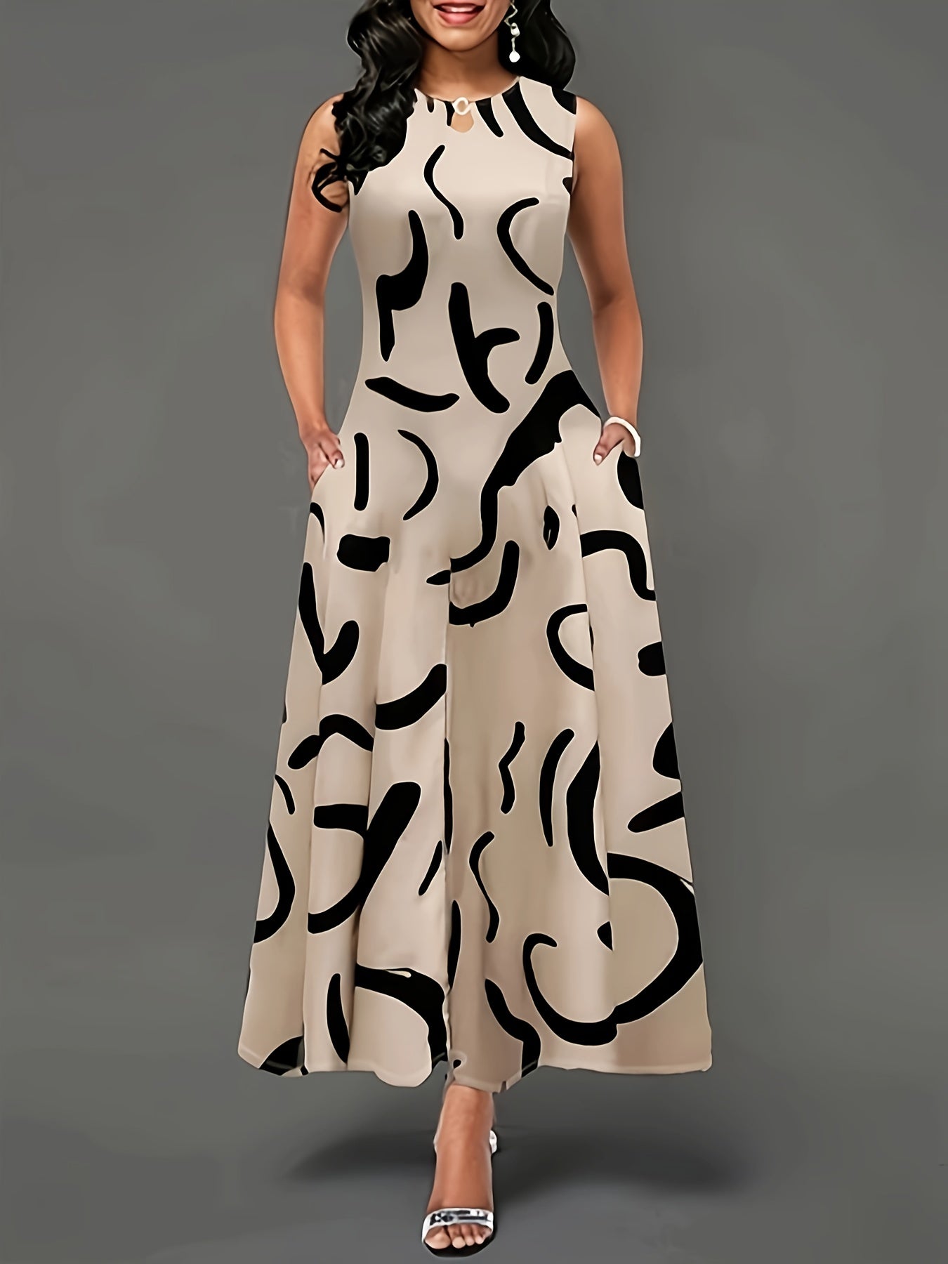 [Maxi Dress with Keyhole Neckline] Elegant Sleeveless Maxi Dress for Women, Polyester and Spandex Blend, Knit Fabric, with Keyhole Neckline and Pockets, Abstract Print Design, for Spring/Summer/Fall