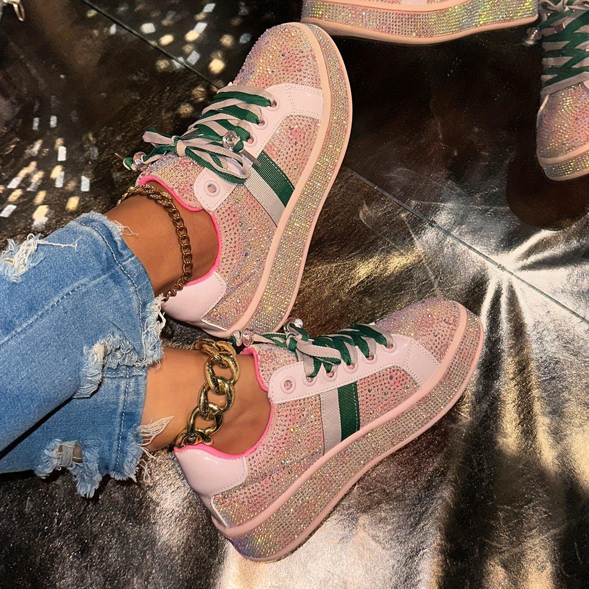 Women'S Fashion Sneakers - Sparkling Glitter Design, Comfortable Low Top Lace-Up Shoes with Red and Green Laces, All-Season Casual Streetwear, Casual Streetwear Sneakers | Glittery Sneakers | Synthetic Sneakers