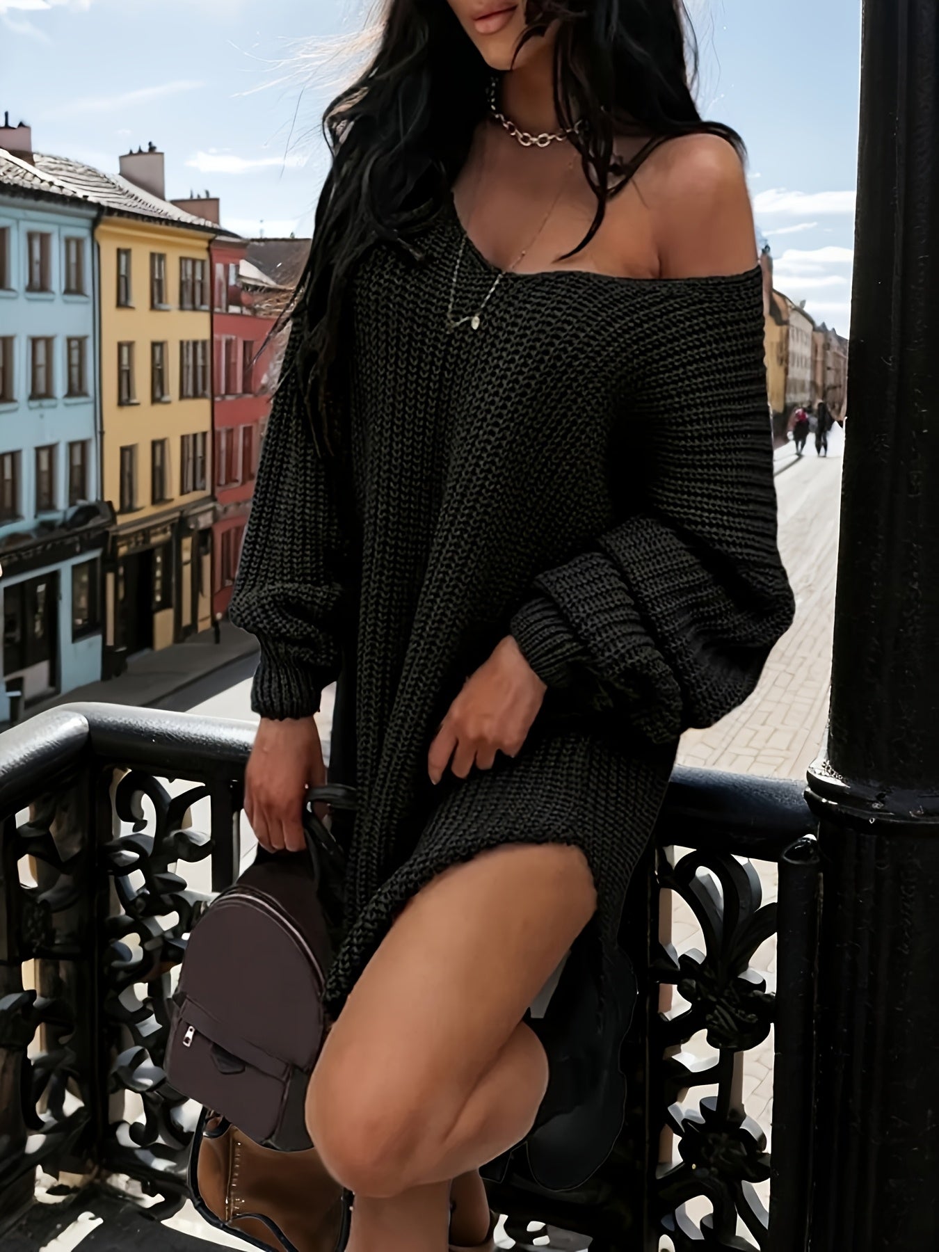 Women's Elegant Sexy Knitted Dress Loose Long Pullover Drop Shoulder Pullover Suitable for Spring And Autumn