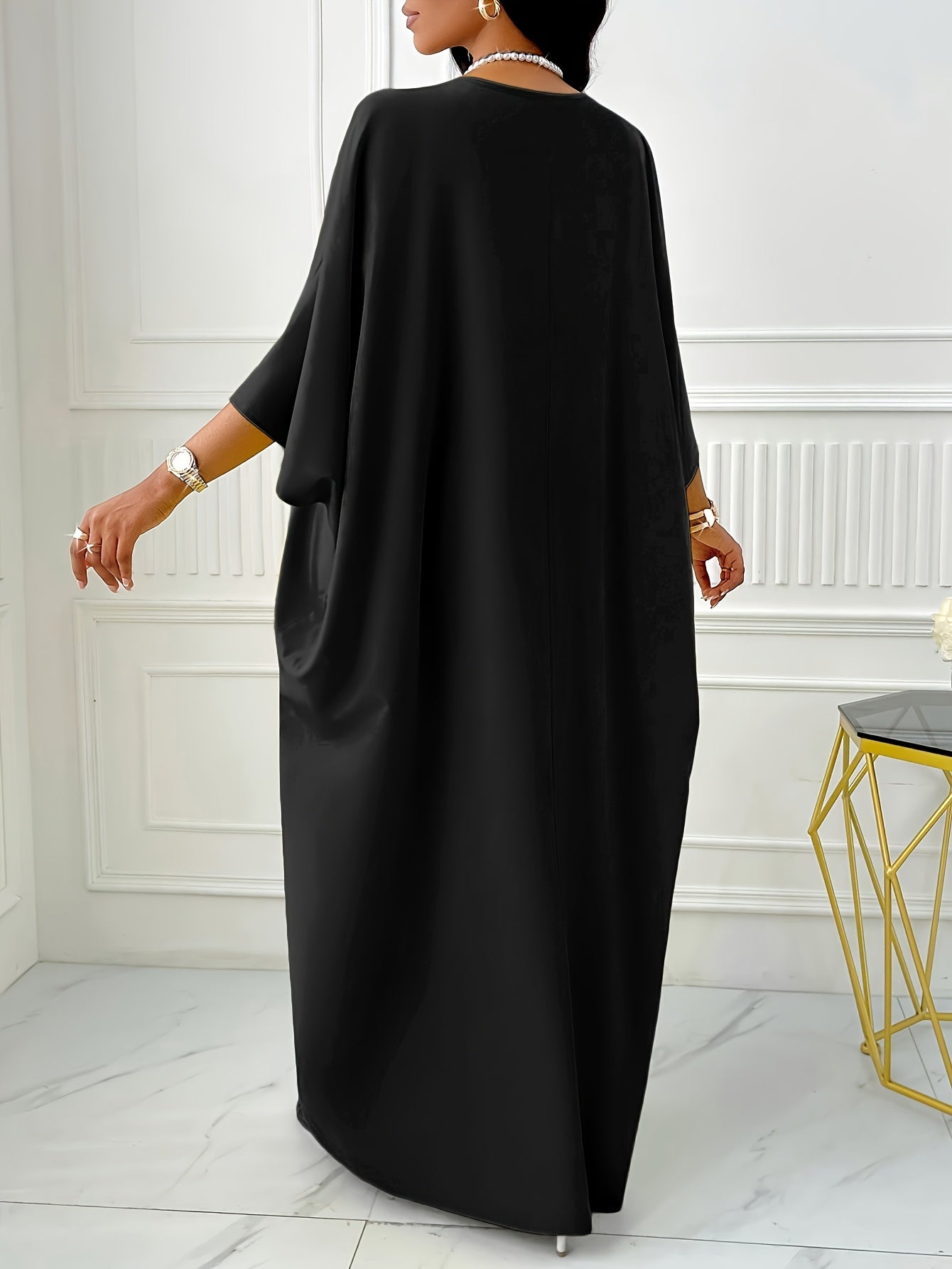 Elegant Solid Color V-Neck Cap Sleeve Side Slit Tunic Dress for Women - 100% Polyester Casual All-Season Long Dress