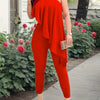 2pcs Sets for Women - Off-Shoulder Ruffled Sleeve Top & Wide-Leg Pants, Vibrant Red Casual Chic Outfit, Machine Washable Spring Summer Outfits for Brunch, Office, or Casual Outings, Brunch Attire | Nontransparent Fabric