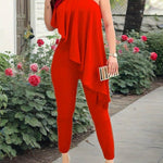 2pcs Sets for Women - Off-Shoulder Ruffled Sleeve Top & Wide-Leg Pants, Vibrant Red Casual Chic Outfit, Machine Washable Spring Summer Outfits for Brunch, Office, or Casual Outings, Brunch Attire | Nontransparent Fabric