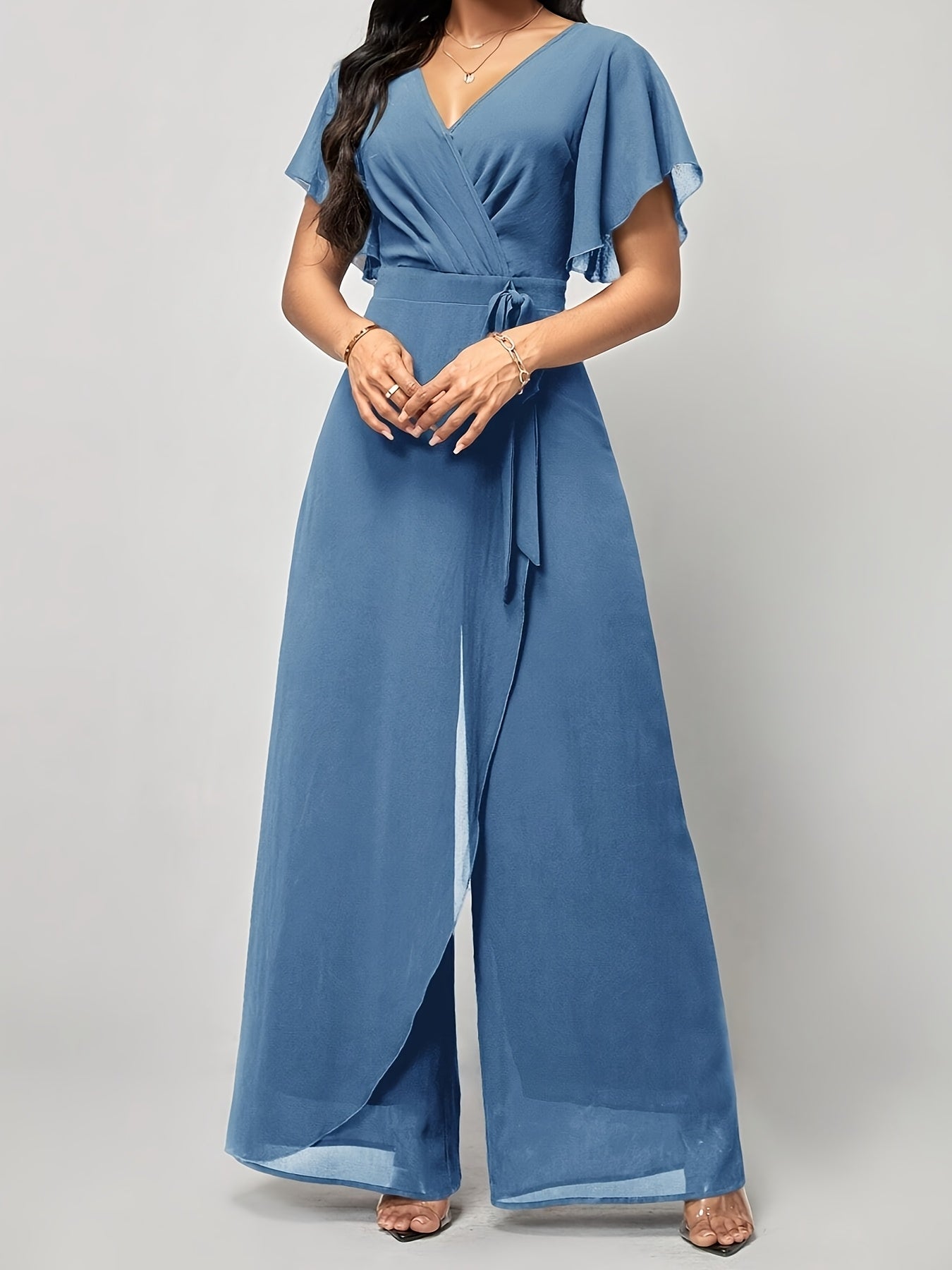 Elegant Green V-Neck Jumpsuit for Women - Solid Color, Wide Leg with Ruffle Sleeves & Tie Waist, Lightweight Polyester, Machine Washable - Perfect for Spring & Summer