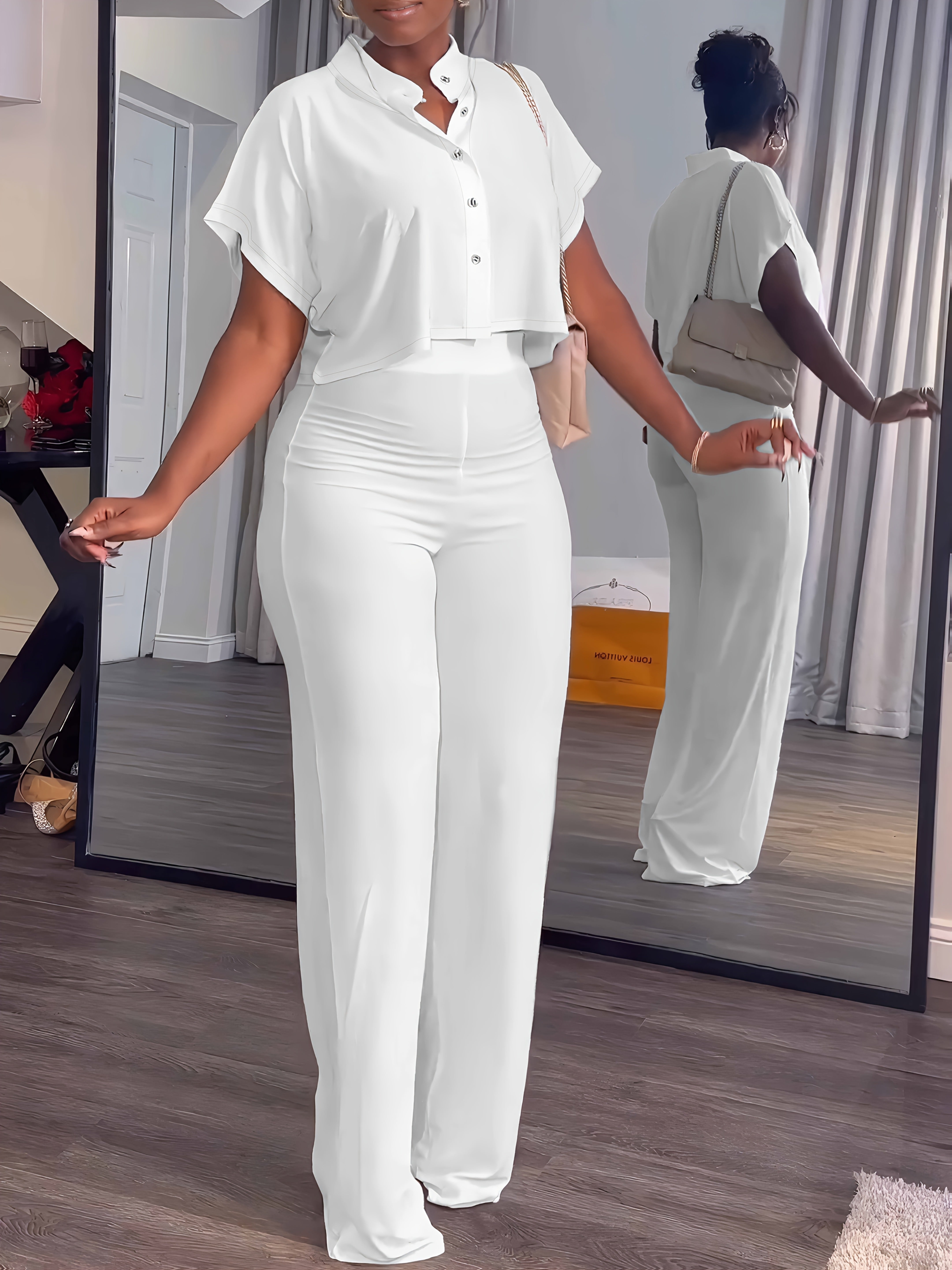 Women's Summer 2pcs Outfits Casual Tracksuit Short Sleeve Button Crop Top Wide Leg Long Pant Lounge Sets