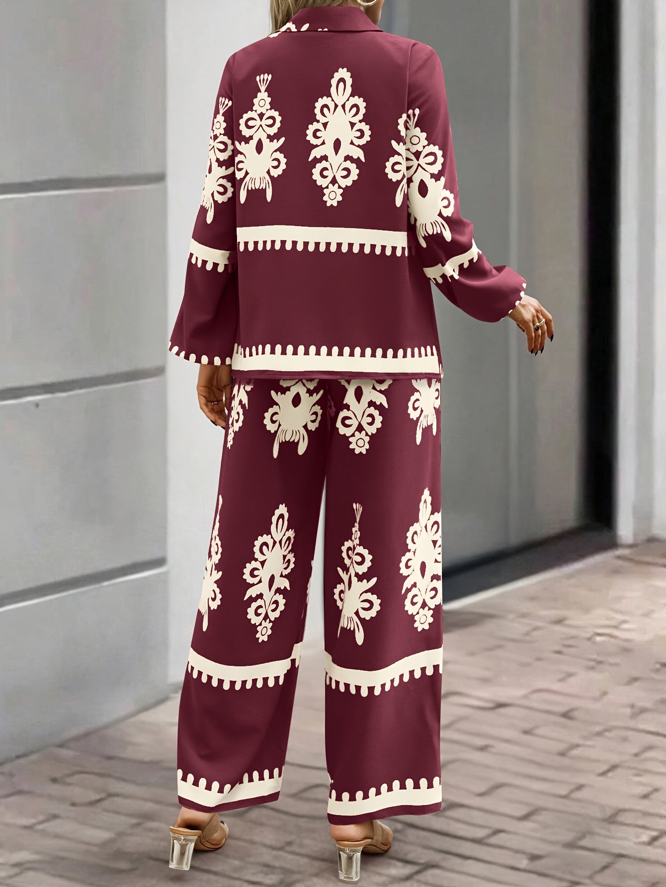 2pcs Elegant Special Set for Women with Random Print Front Button Long Sleeve Top and Pants Casual Suit