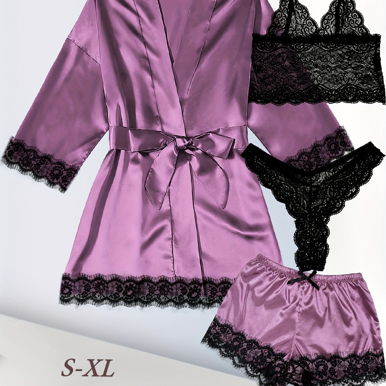 Women's Plus Sexy Lounge Set - Plus Size Satin Contrast Eyelash Lace Belted Nightgown & Camisole & Panty & Shorts With Free Eye Mask - For Women - Perfect for Lounging & Sleepwear - Ideal Gift for Her