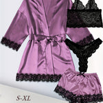 Women's Plus Sexy Lounge Set - Plus Size Satin Contrast Eyelash Lace Belted Nightgown & Camisole & Panty & Shorts With Free Eye Mask - For Women - Perfect for Lounging & Sleepwear - Ideal Gift for Her