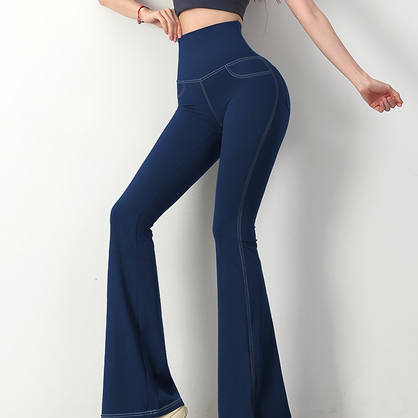 Solid Color Imitation Denim Yoga Pants With Pockets, Sports Fitness Yoga Running Flared Leggings, Women's Clothing Wide Waistband
