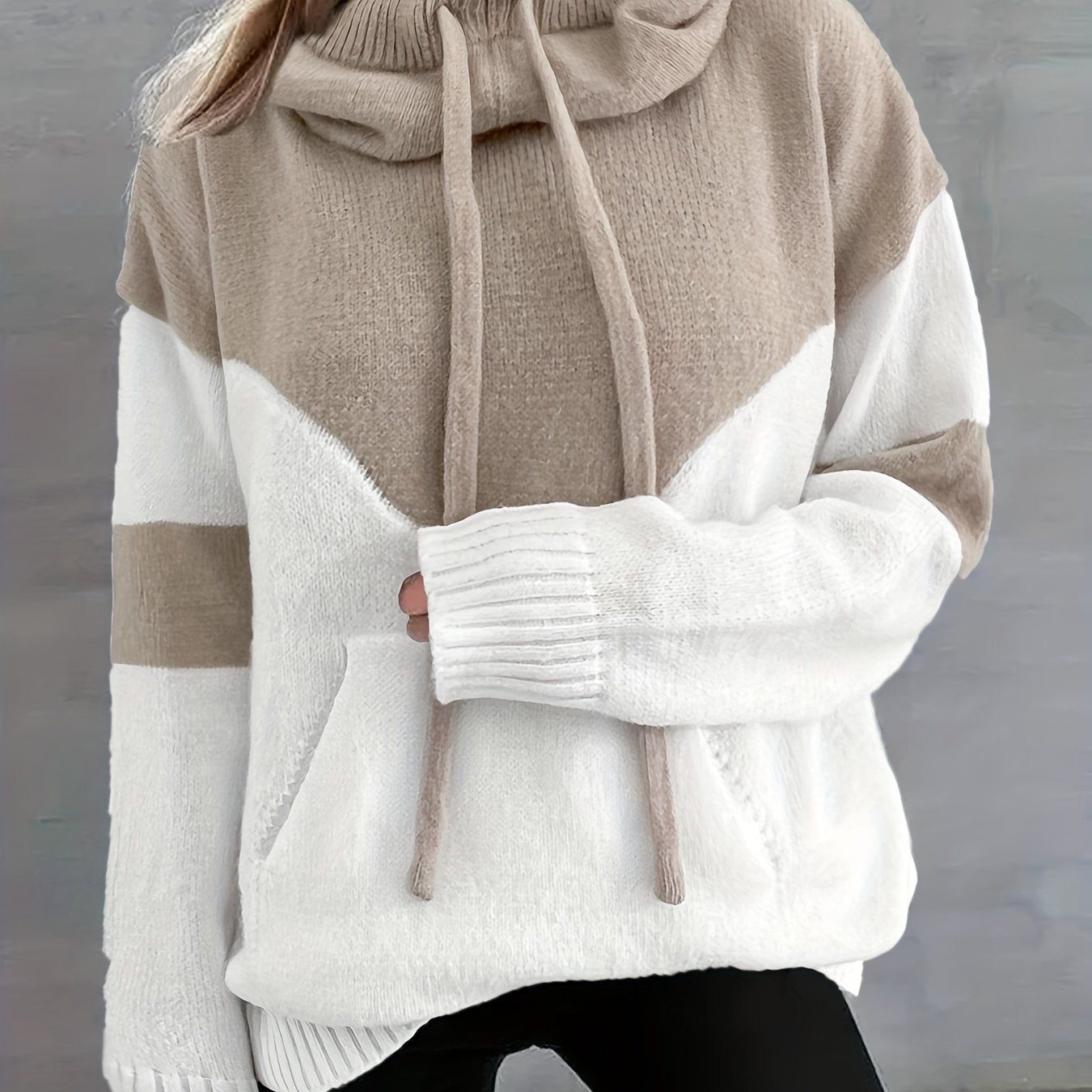 Color Block Drawstring Hooded Sweatshirt, Women's Long Sleeve Casual Pullover Sweater with Pocket