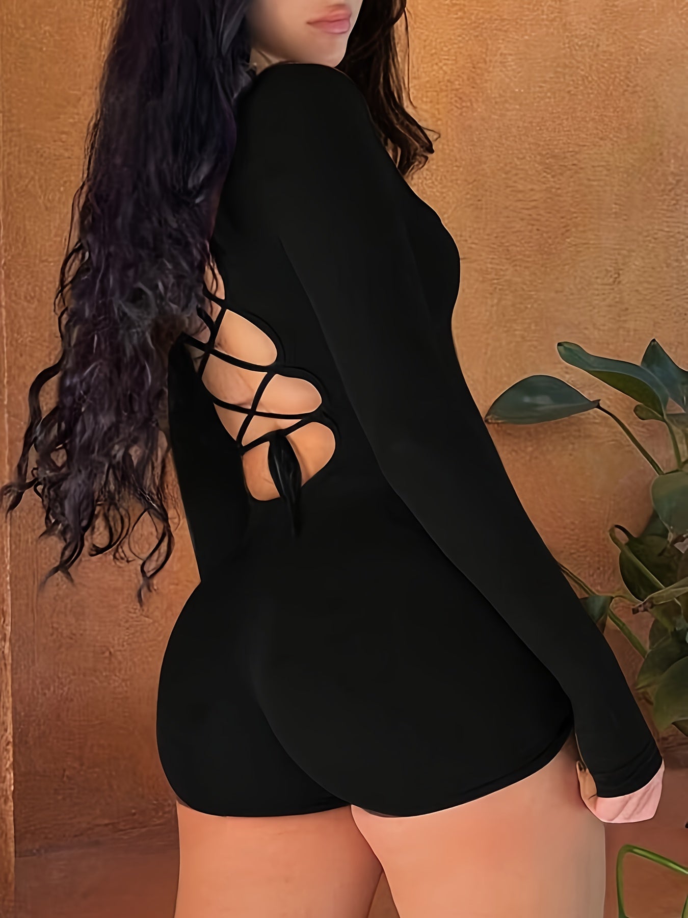 [Sexy Backless Romper] Black Long Sleeve Sexy Backless Bodycon Romper for Women - Stretchy, Low-Cut, Form-Fitting, Polyester Jumpsuit with Tie-Up Detail for Spring/Summer