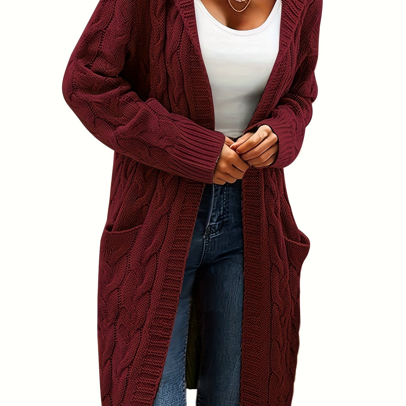 [Open Front] Women's Casual Cardigan - Black Cable Knit, Long Sleeve, Open Front with Pockets - Relaxed Fit for Fall/Winter
