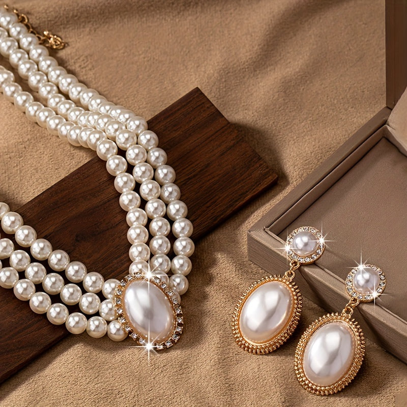 Elegant Pearl Necklace and Earring Set for Women - Vintage Style, Faux Pearl Multi-Strand Design, Ideal for Parties and Daily Wear, Pearl Earrings