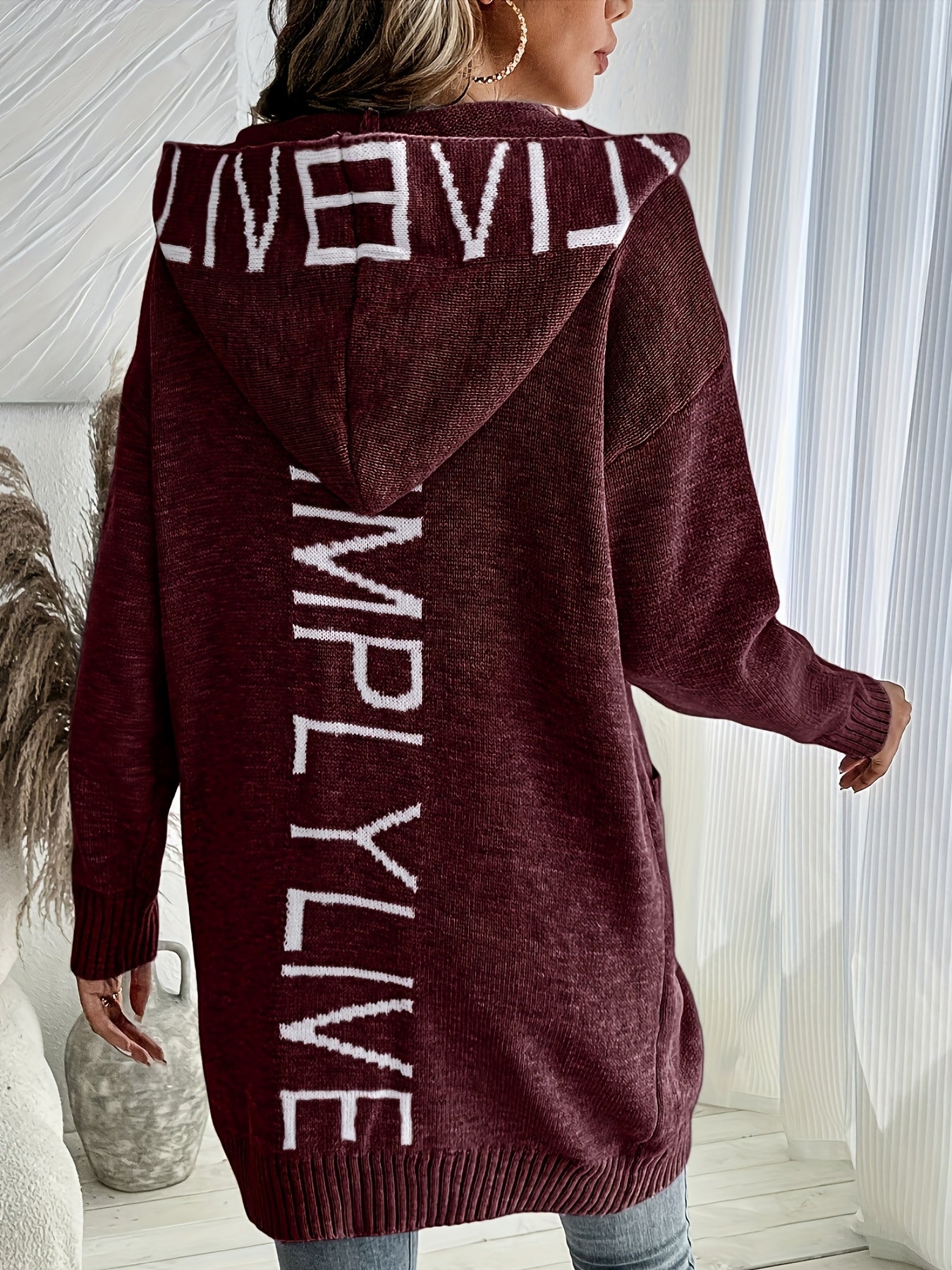 Women's Letter Print Open Front Knit Cardigan - Casual Hoodie Long Sleeve - Cozy Fleece Material - For Fall & Winter - Perfect for Casual Wear & Layering - Ideal Gift for Women