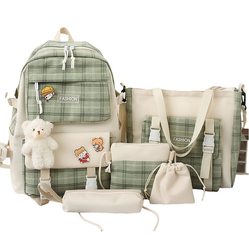 Fashionable And Lovely Plaid Backpack - Five-piece Set - Casual Simple Backpack - For Women - Suitable for School, Travel, Everyday Use - Perfect Gift for Teen Girls