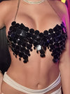 Sexy Sequin Halter Top for Women - V-Neck Backless Nightclub Party Wear, Black Metallic Fabric with Chain Detail, Semi-Sheer Design for a Bold & Glamorous Look