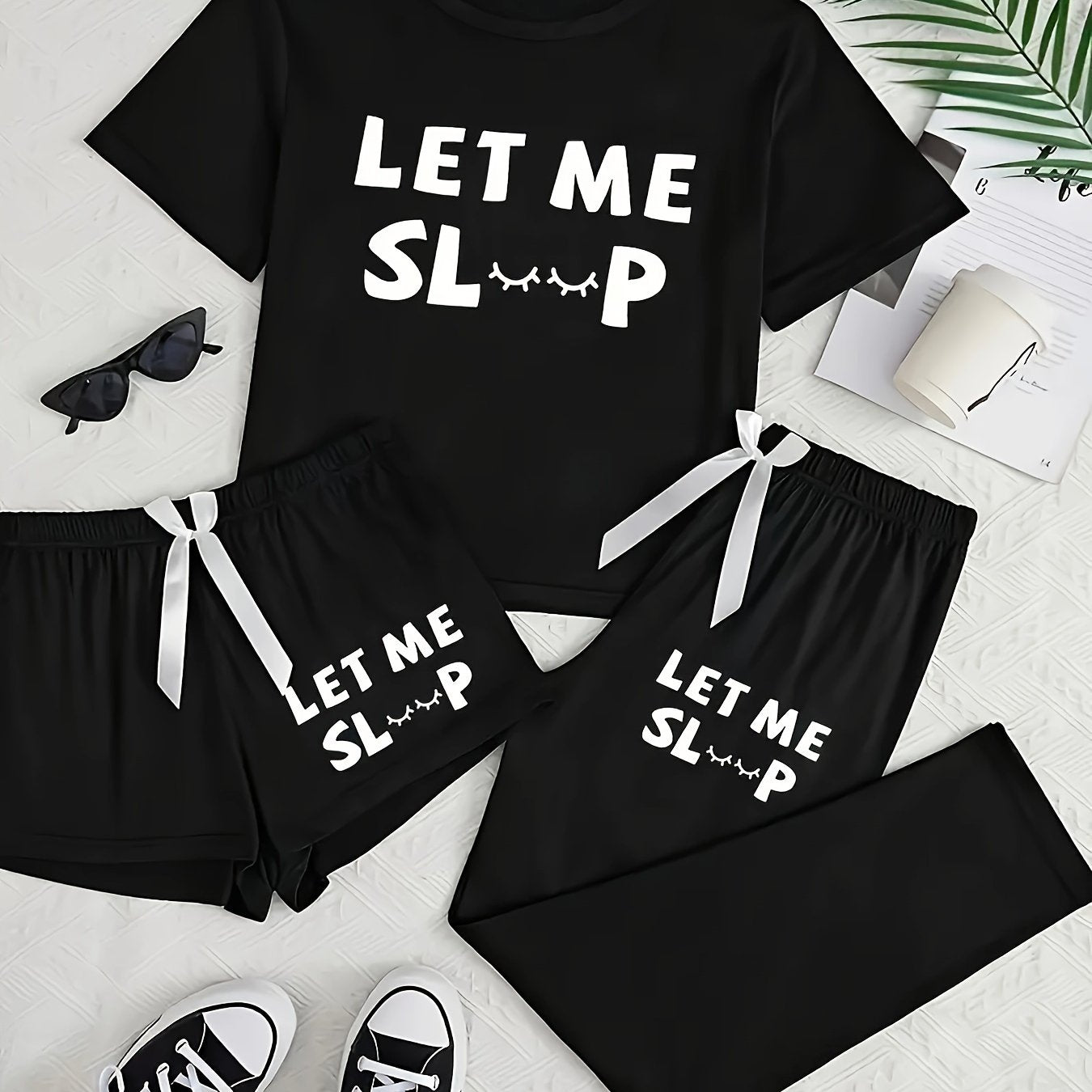 [Simple Letter Print] Women's Three Piece Set | Casual Pajamas | Short Sleeve Long Pants Shorts | Simple Letter Print