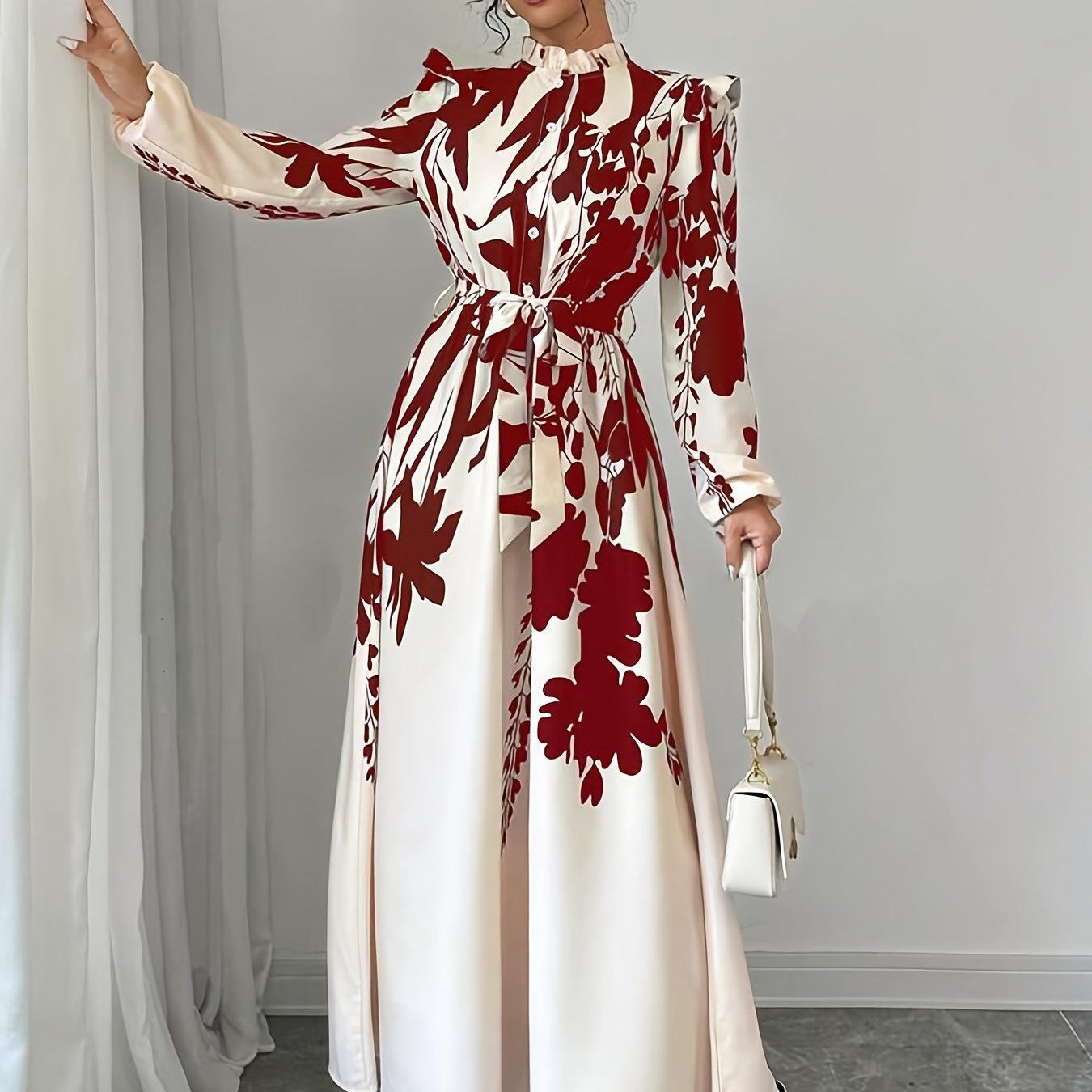 Long Sleeve Polyester A-Line Maxi Dress with Elegant Floral Print, Stand Collar, Waist Detail, Lantern Sleeves, and Ruffle Hem for Spring/Fall