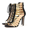 Womens Cutout Gladiator Lace Up High Heel - Open Toe Caged Stiletto Sandals Stripe Ankle Straps Strappy Dress Heeled Sandals Black Golden