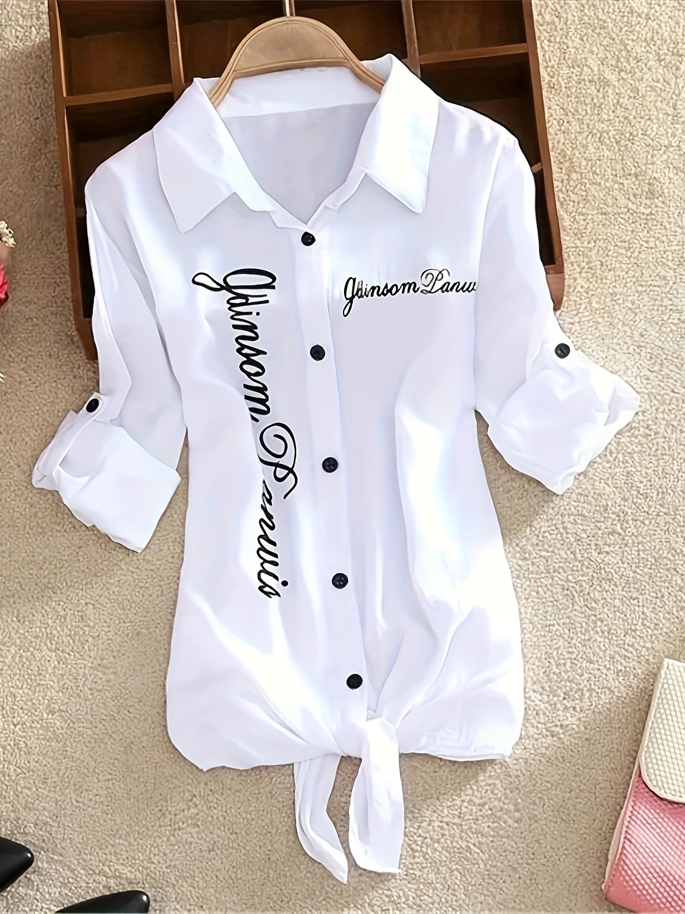 Women'S Casual Long Sleeve White Shirt with "JANISMANNER" Print - Stylish Short Sleeve Blouse with Tie Front, and Lapel Collar for Summer, Top | Stylish Casualwear | Feminine Design