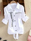 Women'S Casual Long Sleeve White Shirt with "JANISMANNER" Print - Stylish Short Sleeve Blouse with Tie Front, and Lapel Collar for Summer, Top | Stylish Casualwear | Feminine Design