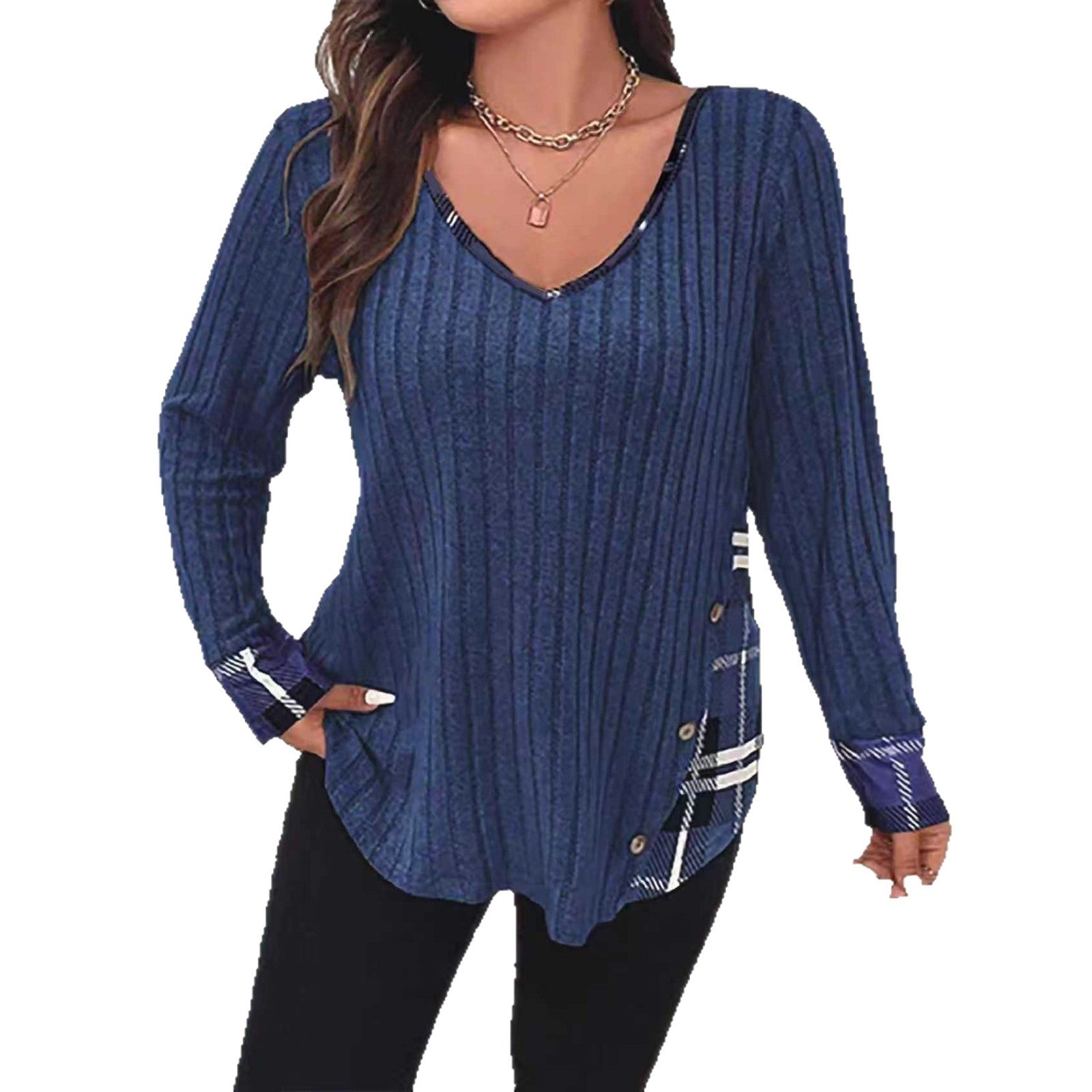 Womens Plaid-print Contrast Color Long-sleeve Top