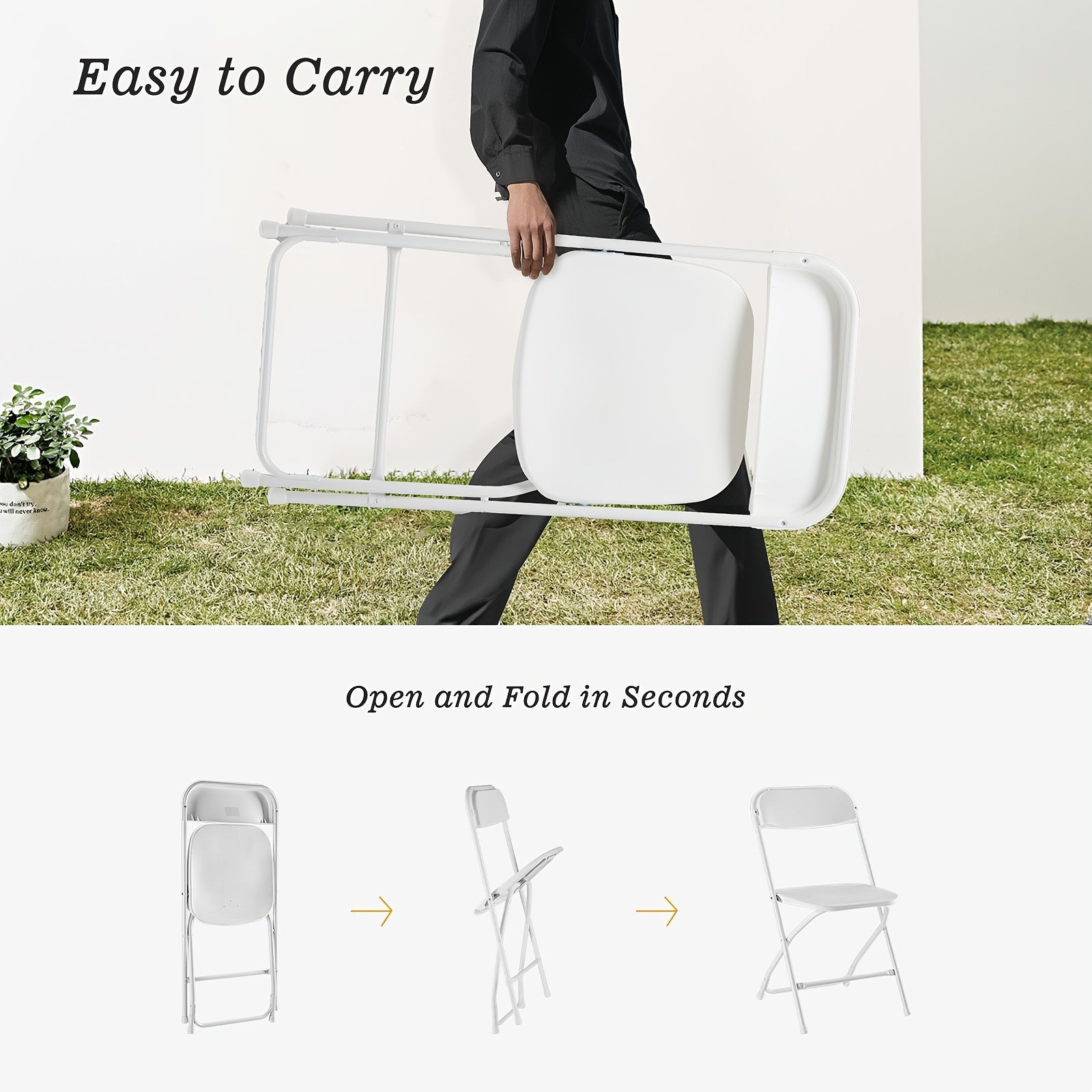 ANTONIA 20/10/8/6/4Set Stackable Plastic Folding Chair Pack with 350lb Steel Frame, Portable Outdoor Commercial Seat Perfect for Wedding, Party, Picnic, Dining, and Events Available in Classic White and Black