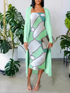 [ Targeted ] Casual Chain Full Printed Tube Tight Dress And Solid Color Open Front Coat Women's Two-piece Set