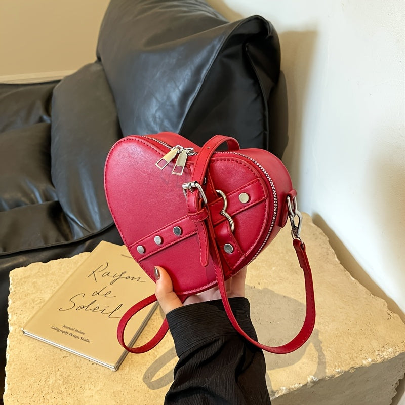 Valentine's Day Romantic Theme Ladies Fashion Heart-shaped Diagonal Shoulder Bag PU Zipper Solid Color Locomotive Bag Single Shoulder Irregular Bag
