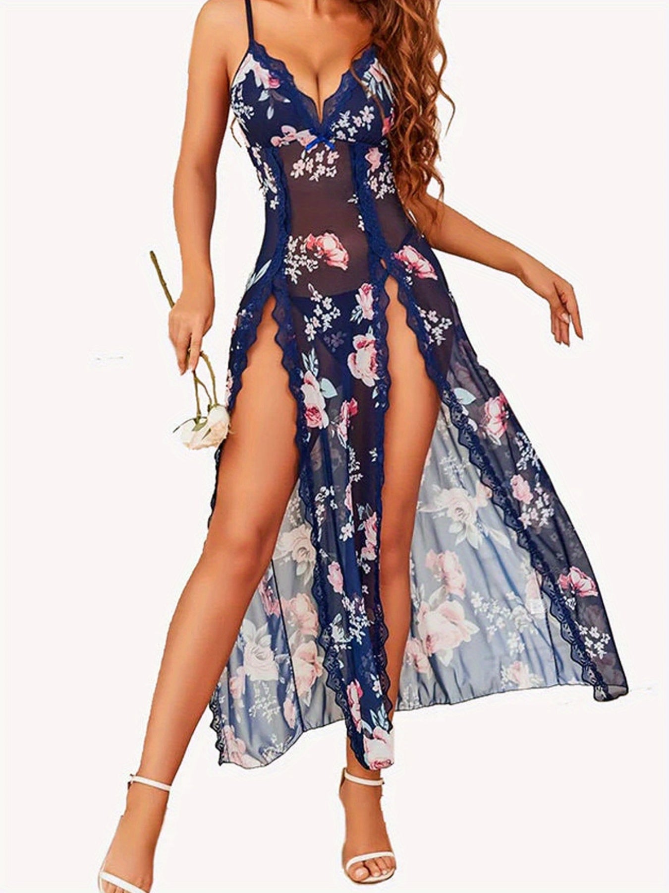 Womens Floral Cami nightgown Slim Lace Trim Deep V Neck Side High Slit Spaghetti Strap Pajama Dress for Bedroom Party