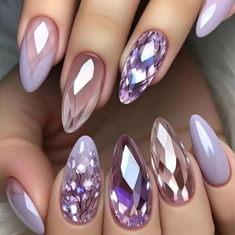 96PCS (4 PACK) Press in Almond Nail Set - Medium Length Purple and Pink Tones with Floral Patterns, Glossy Detachable Nail Tips, Suitable for Fashionable Autumn and Winter Styles
