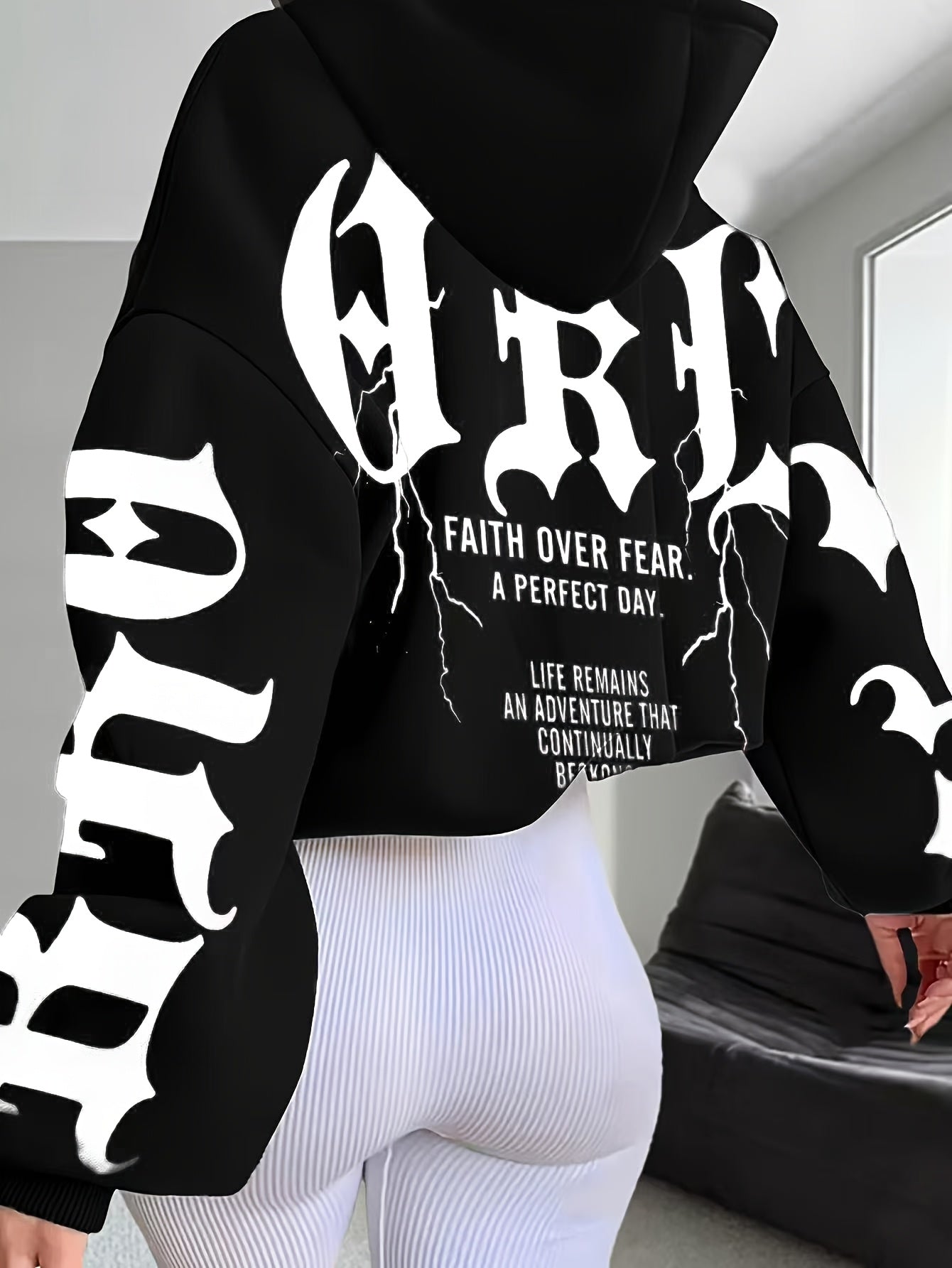 Women'S Stylish Black Hoodie with Vibrant Blue "Fear" Graphic Print - Casual Long Sleeve Pullover, Polyester Knit Fabric, Fall & Winter Essentials, Fall Winter Apparel | Bold Graphic Hoodie | Polyester Hoodie